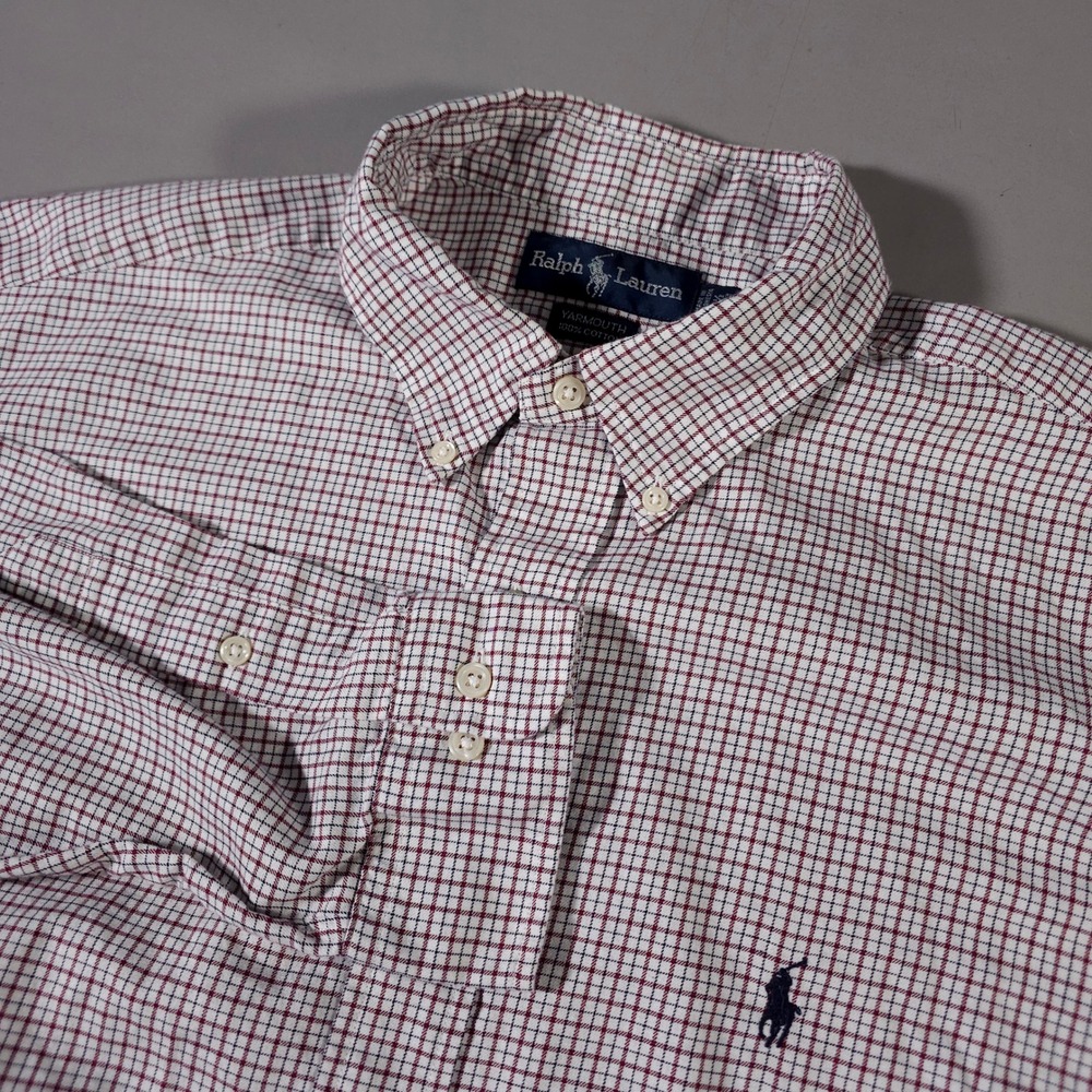 Ralph Lauren Button Down Shirt Mens 16.5 32/33 White Burgundy Check Yarmouth